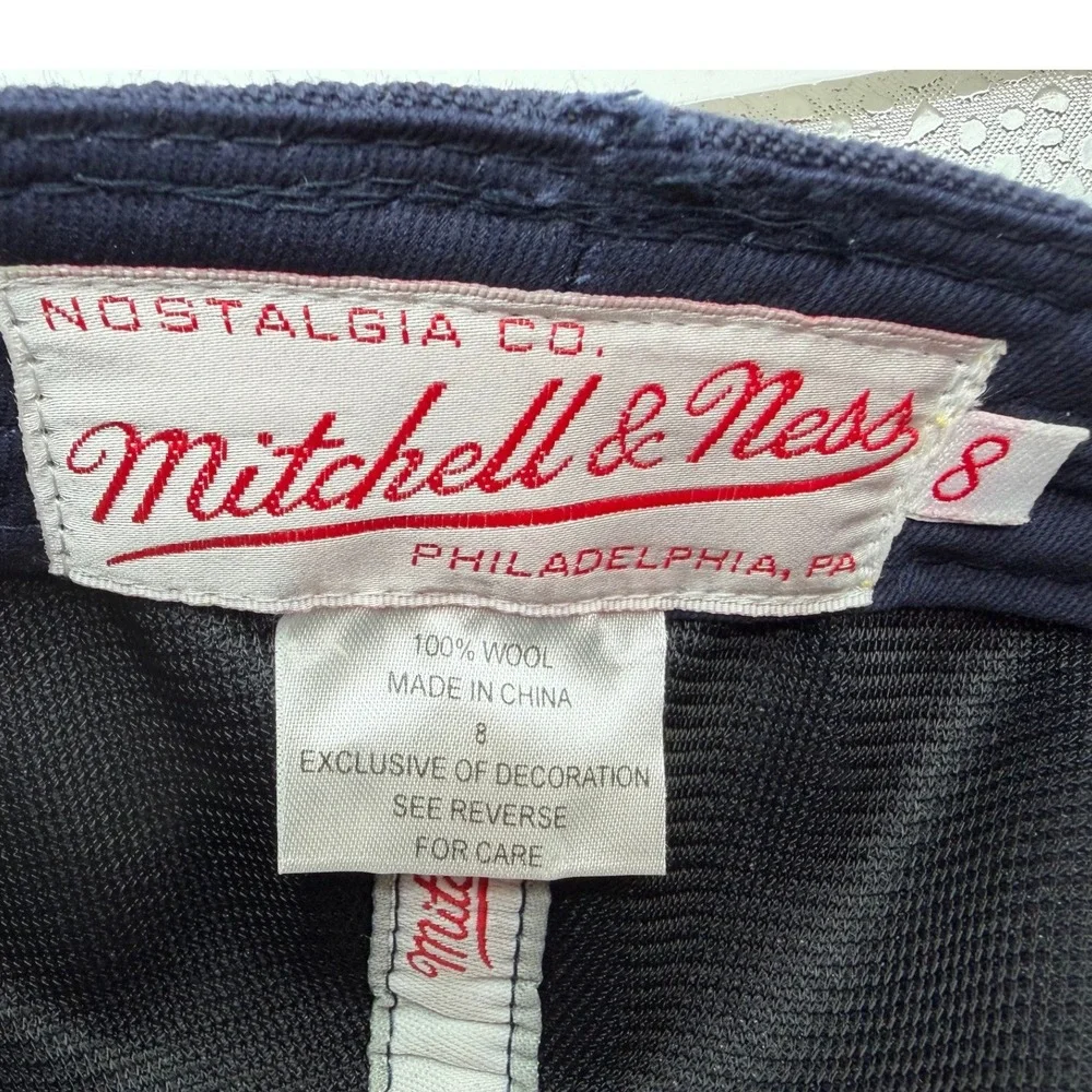 Mitchell & Ness Size 8 Fitted Hat Navy Blue Wool Script Logo Est 1904 Cap 2028